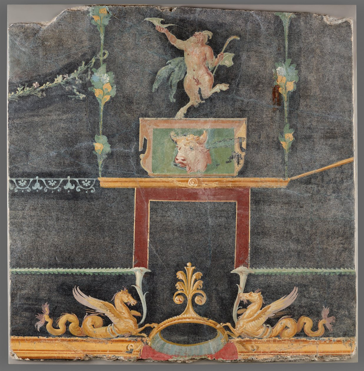 Fragmento de pared con sátiro danzante, hipocampos y otros motivos decorativos sobre fondo negro de Unknown artist