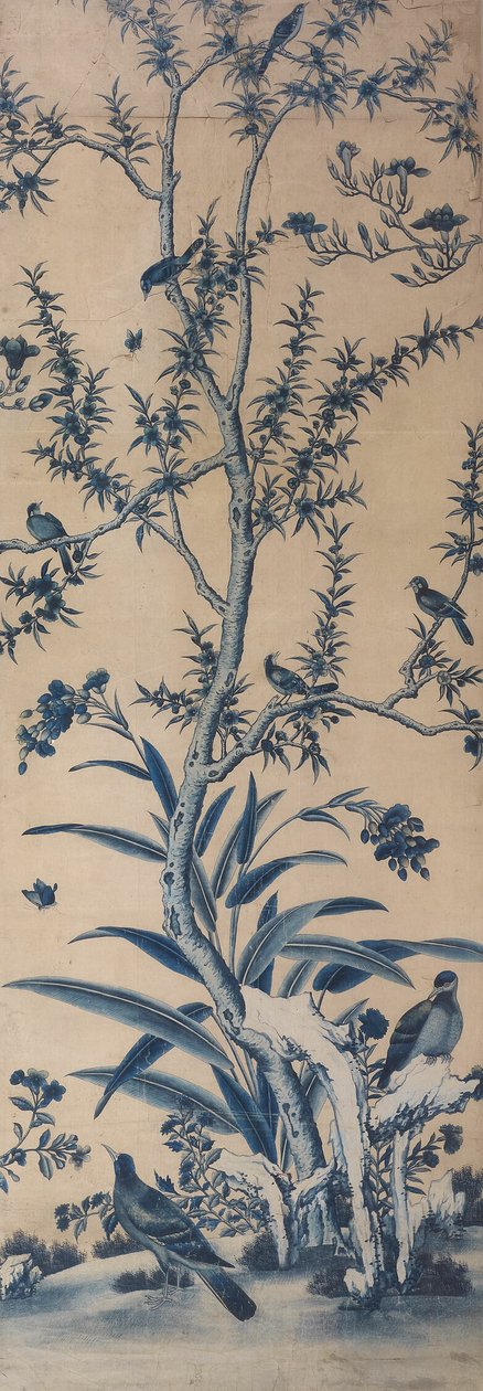 Panel de papel pintado con pájaros y árboles en flor de Unknown artist