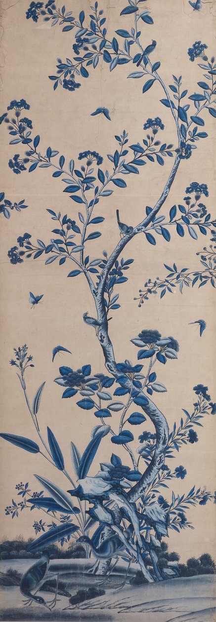 Panel de papel pintado con pájaros y árboles en flor de Unknown artist