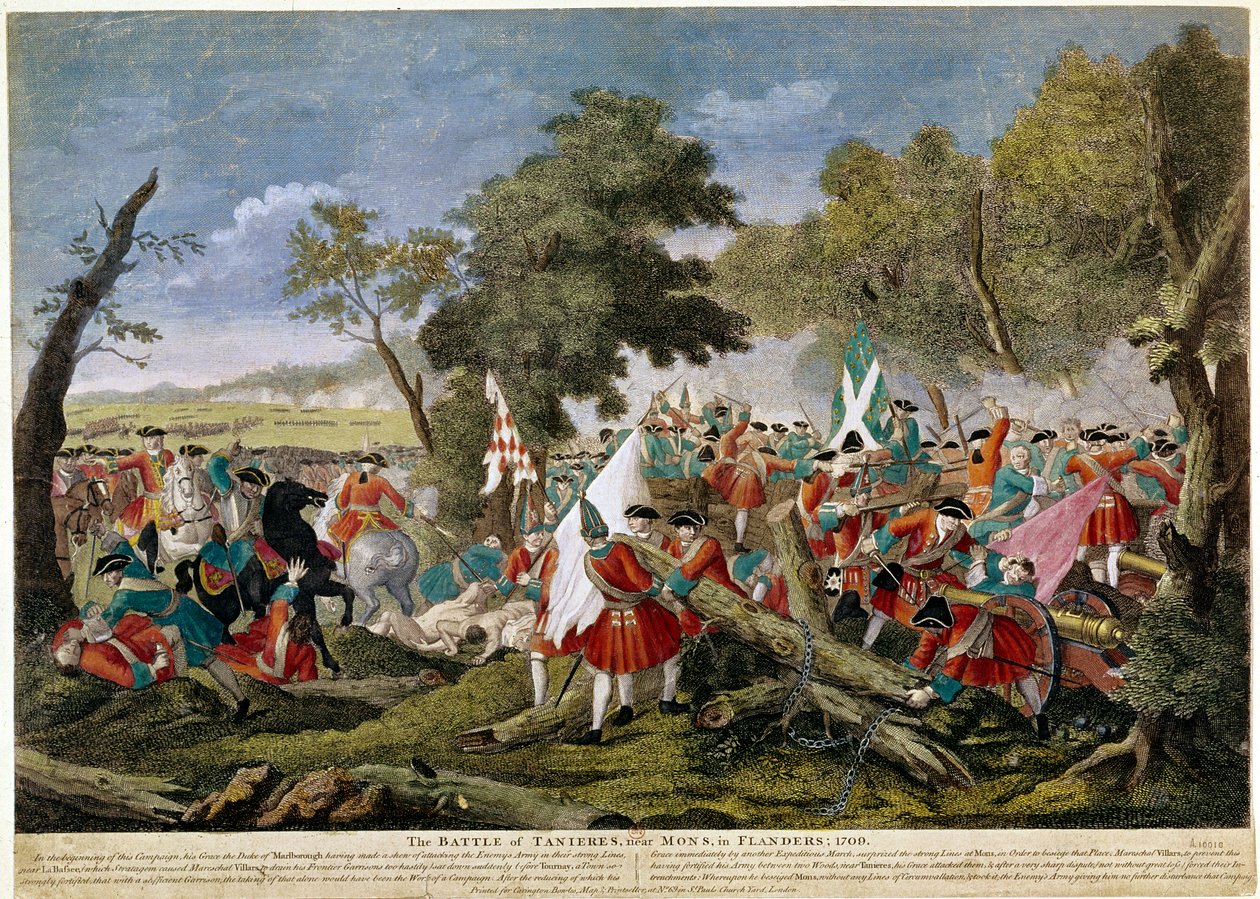 Guerra de Sucesión Española (1701-1714): vista de la Batalla de Malplaquet cerca de Mons en la frontera franco-belga 11/09/1709 oponiendo tropas francesas y españolas a una coalición inglesa, holandesa y austriaca - Grabados de 1709 - BN París de Unknown artist