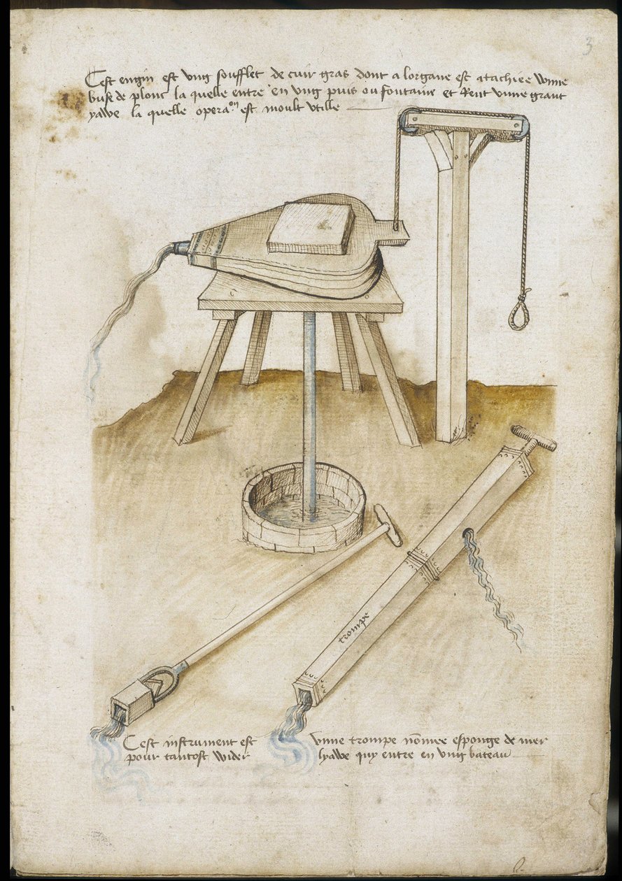 Instrumentos de bombeo de agua - Manuscrito: hoja de pergamino de un manual de ingeniero para la construcción de edificios civiles, religiosos y militares, anónimo, finales del siglo XV (figura en tinta china) de Unknown artist