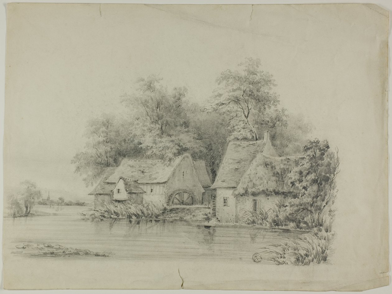 Molino de agua y cabaña con techos de paja de Unknown artist