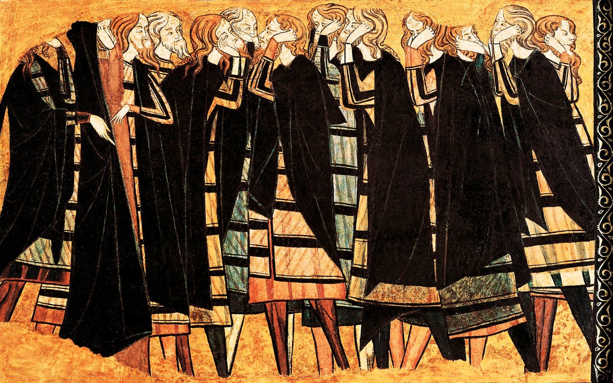 Llorando en capa negra sobre la tumba del Caballero Don Sancho Saiz de Carillo, (detalle) del fresco que decora la tumba. Detrempe sobre madera. Finales del siglo XIII. Museu Nacional d