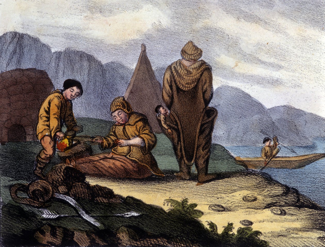 Esquimales de la costa de Groenlandia occidental. Litografía de principios del siglo XIX de Unknown artist
