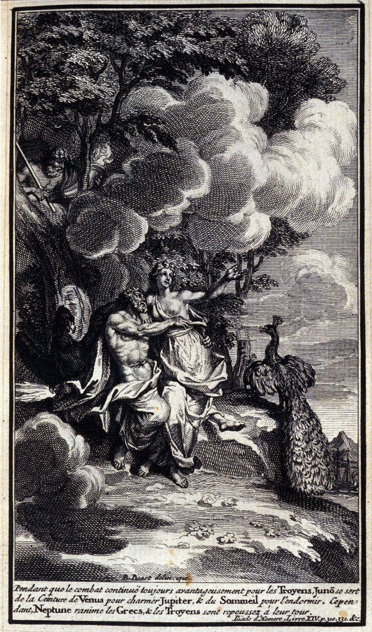 Mientras la lucha continúa siendo ventajosa para los troyanos, Juno usa el cinturón de Venus para encantar a Júpiter, y el sueño para dormirlo. Sin embargo, Neptuno revive a los griegos y los troyanos son rechazados. Ilustración del libro XIV de la Ilíada  de Unknown artist
