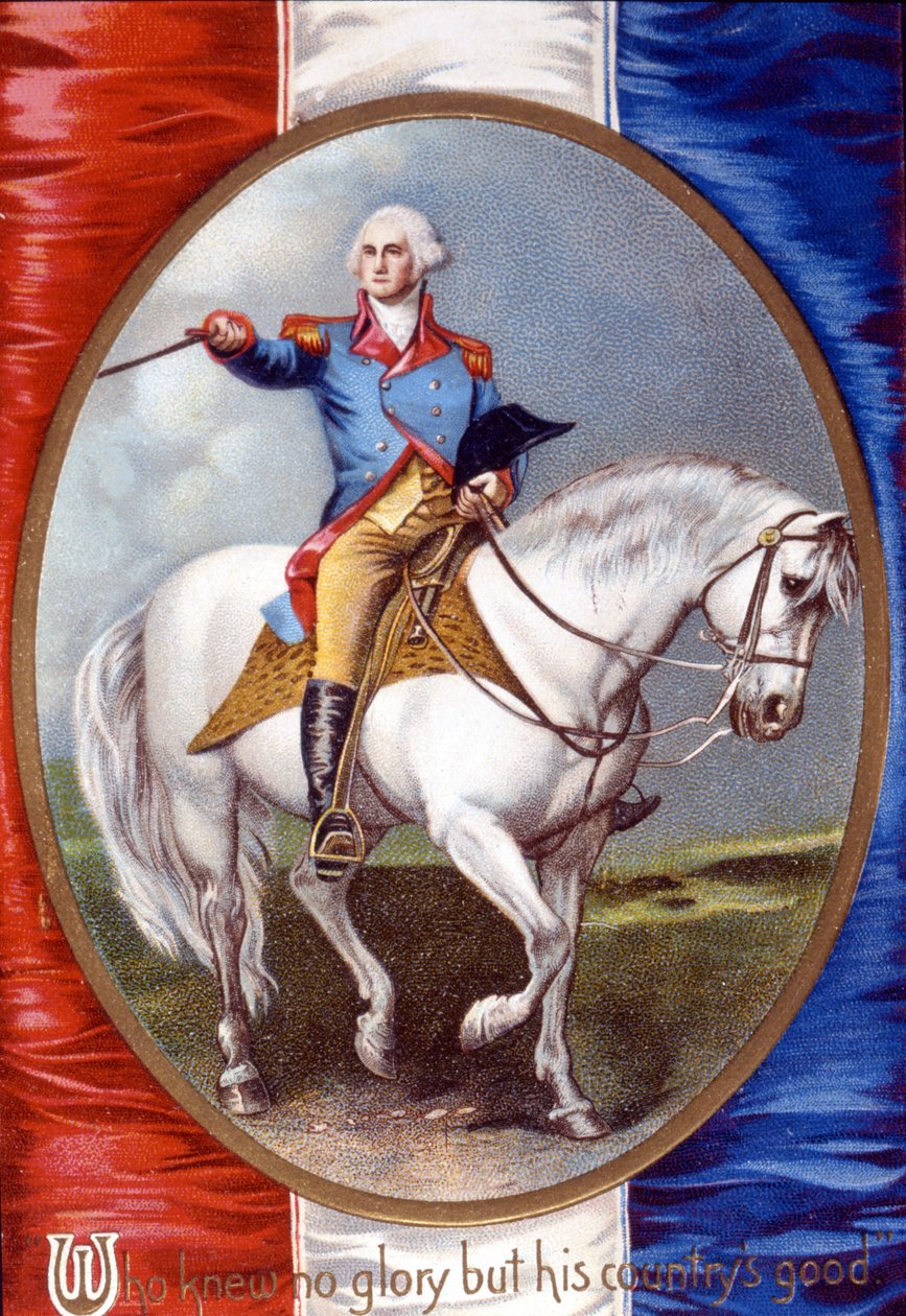 Quien no conoció gloria sino el bien de su país: George Washington (1732-1799) cabalgando en medallón sobre la bandera francesa de Unknown artist