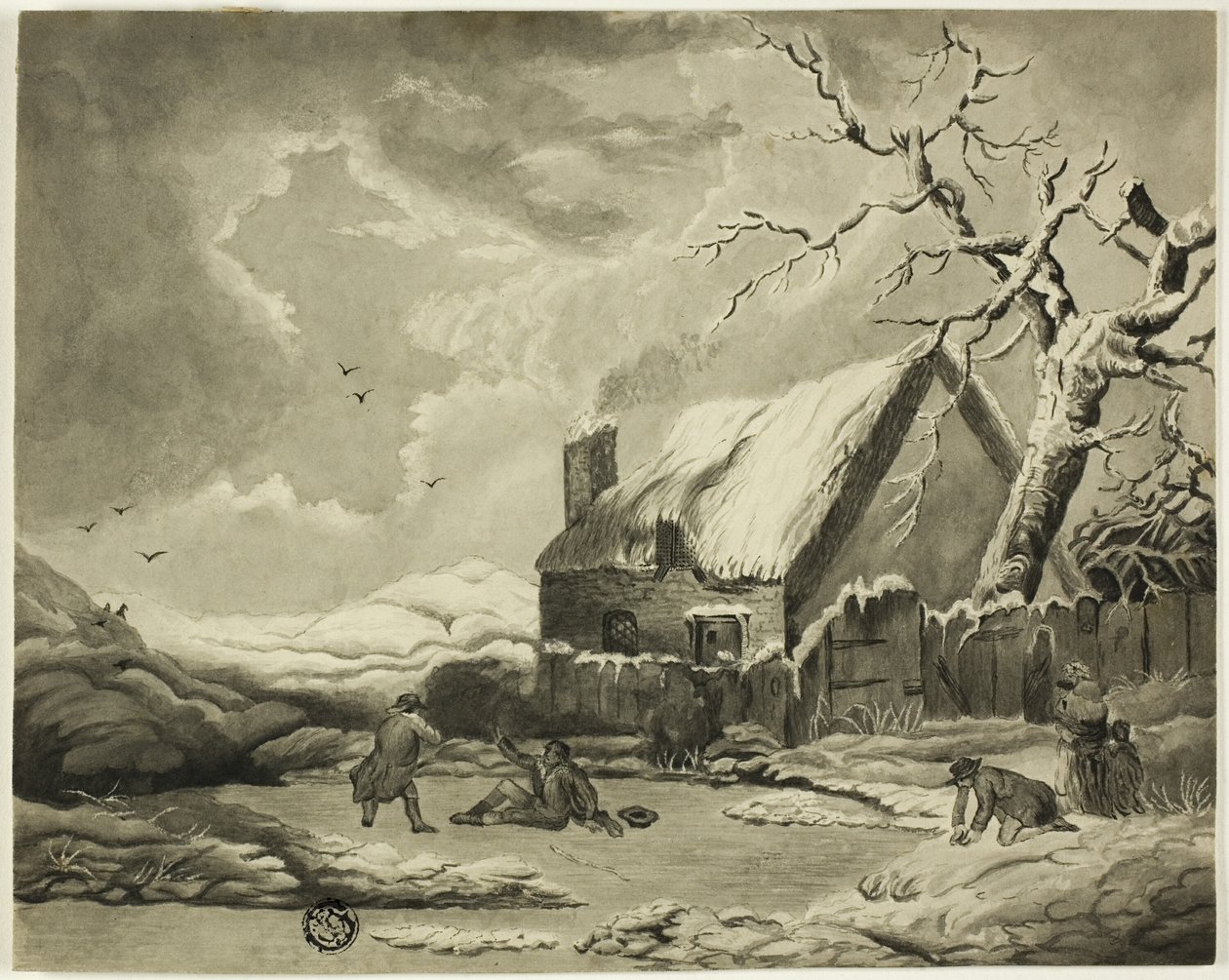 Escena de invierno con personas fuera de una cabaña cerca de un estanque de Unknown artist