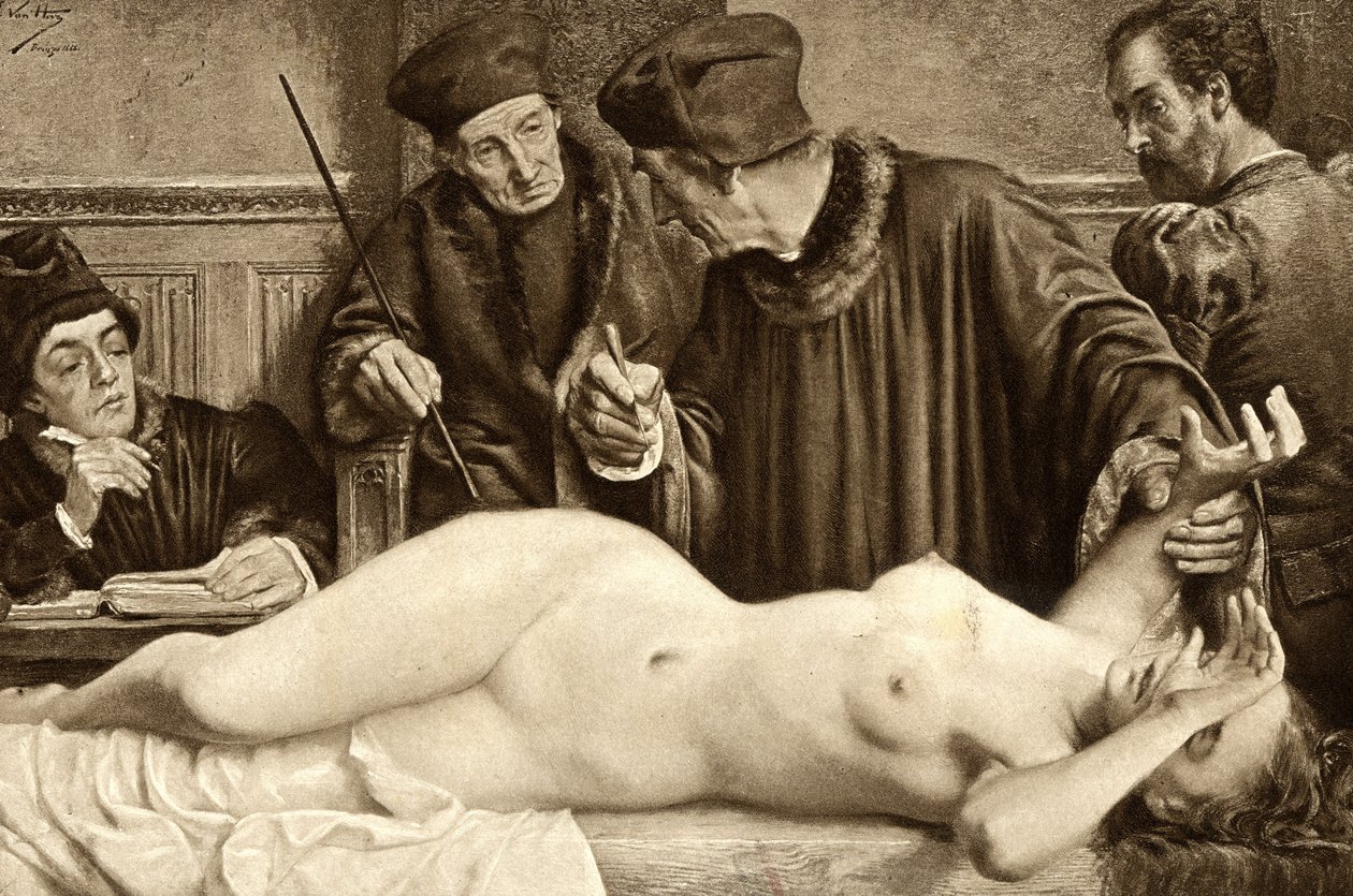 Brujería. Los científicos buscan un lunar en el cuerpo de una bruja, para pellizcarlo y estudiar la reacción. Ilustración de E. Van Hoove. 1888 de Unknown artist