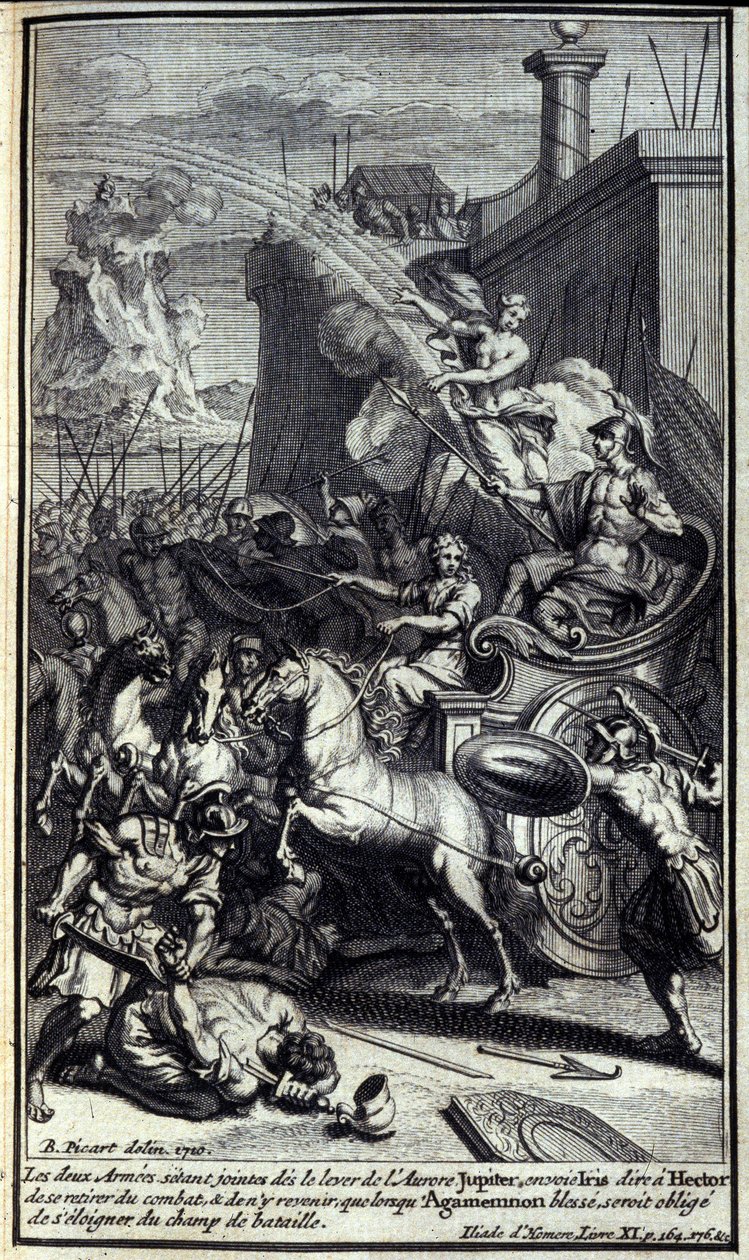 Con los dos ejércitos uniéndose al amanecer, Júpiter envió a Iris para decirle a Héctor que se retirara de la batalla y regresara solo cuando Agamenón herido, se viera obligado a alejarse del campo de batalla. Ilustración del libro XI de la Ilíada de Homer de Unknown artist