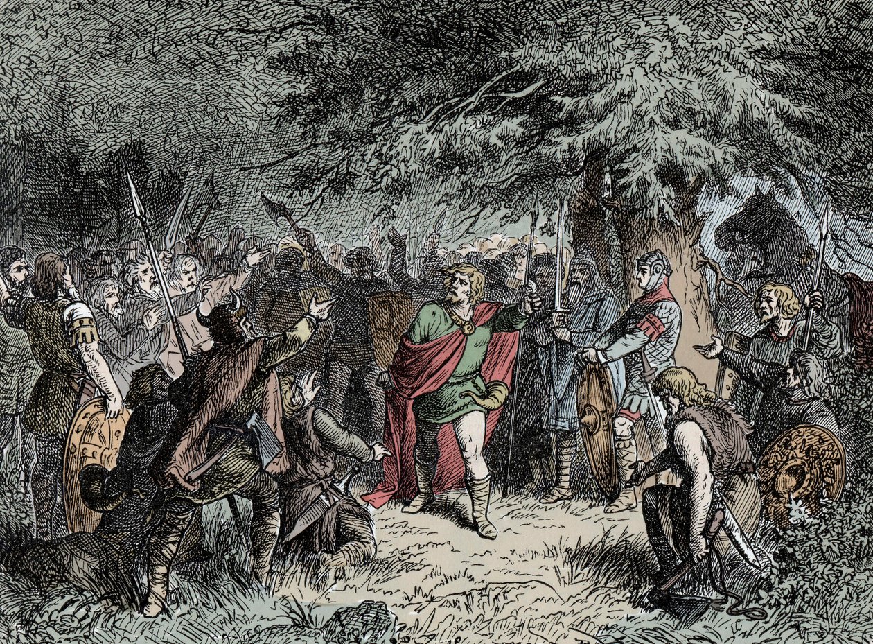 Widukind llama a sus sajones a las armas - Widukind de Sajonia (circa 750-810) llama a los sajones a levantar sus armas contra la invasión franca de Carlomagno en 777 de Unknown artist