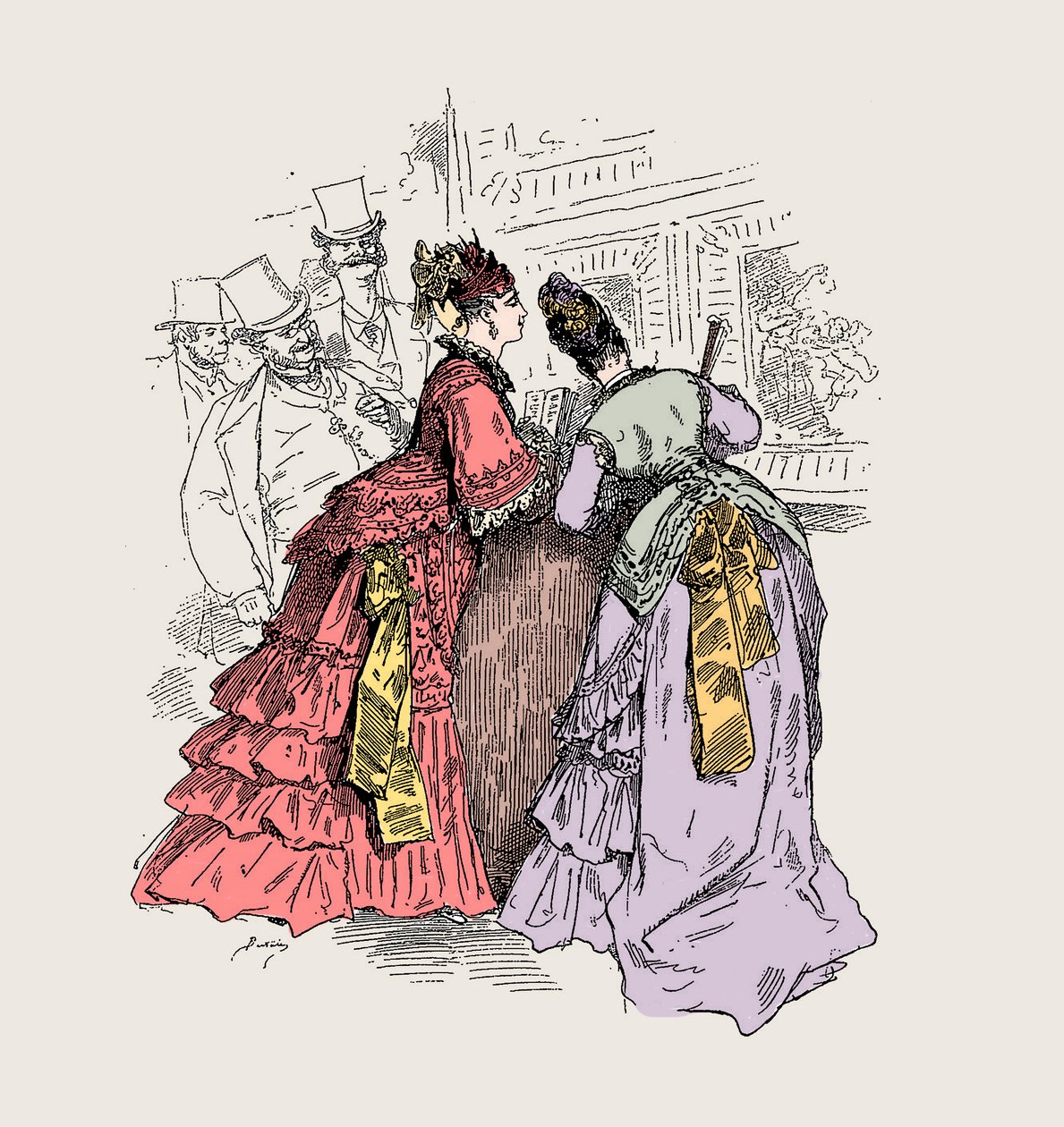 Mujer en un museo: "Cuando te digo que es un vestido de Worth, reconozco el toque" (Charles Frederick Worth 1825-1895) - ilustración de Charles Albert d