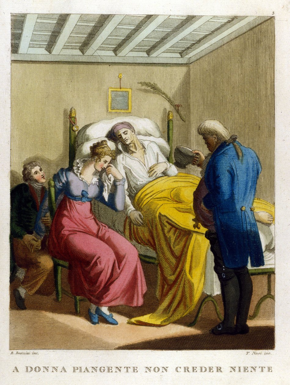 "Lágrimas de mujer, fuente de malicia. Mira a una mujer llorar." Grabado del siglo XVIII ilustrando una serie de proverbios. de Unknown artist
