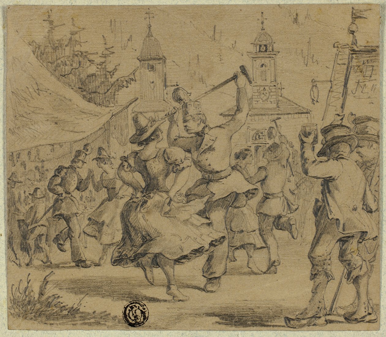 Mujeres y soldados bailan en la plaza del pueblo de Unknown artist