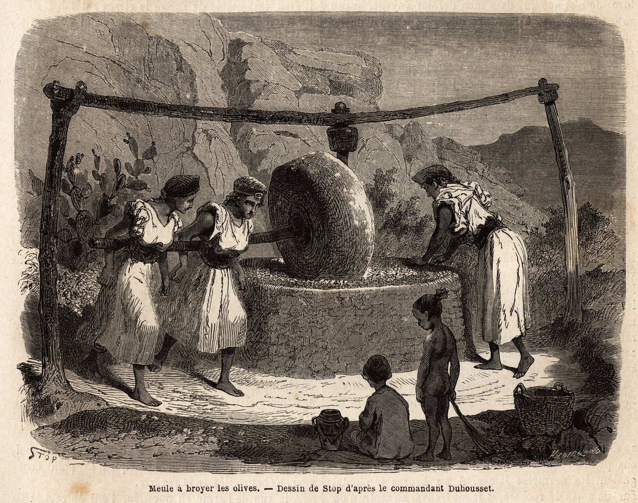 Trabajo de mujeres, molino de aceitunas, uno de los principales productos agrícolas en Djurjura (Argelia). Grabado para ilustrar la excursión a la gran Kabilia, entre el Mediterráneo y el Djurjura, en 1864, por el comandante Duhousset, en “Le tour du monde de Unknown artist