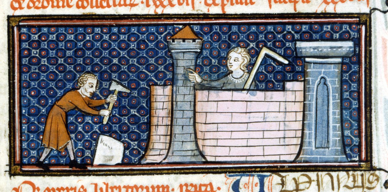 Trabajadores construyendo un monasterio fortificado, miniatura de mediados del siglo XIII. Biblioteca Trivulziana de Unknown artist