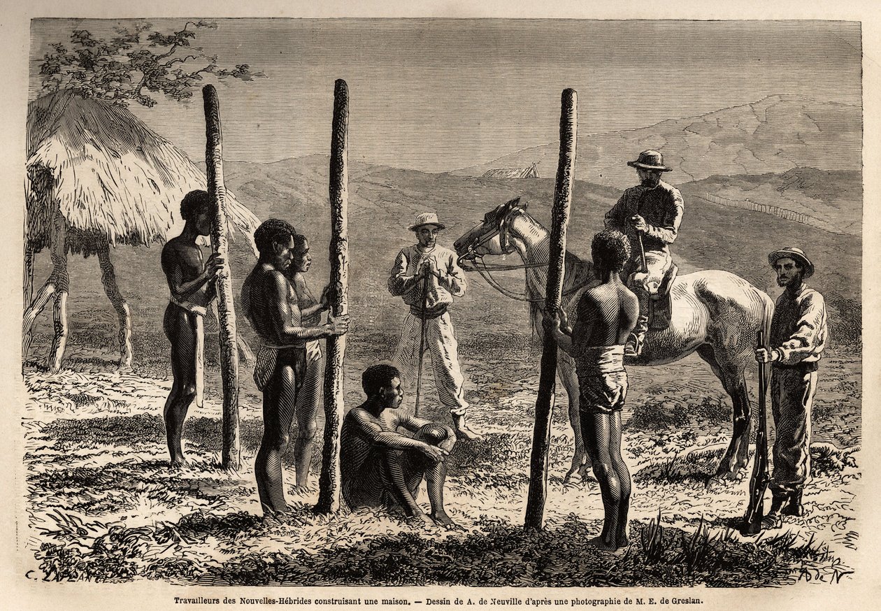 Trabajadores de las Nuevas Hébridas (o desde 1980, la República de Vanuatu, un archipiélago melanesio en el norte de Nueva Caledonia), construyendo una casa, que el autor encuentra durante una excursión a caballo. Grabado para ilustrar el viaje a Nueva Cal de Unknown artist