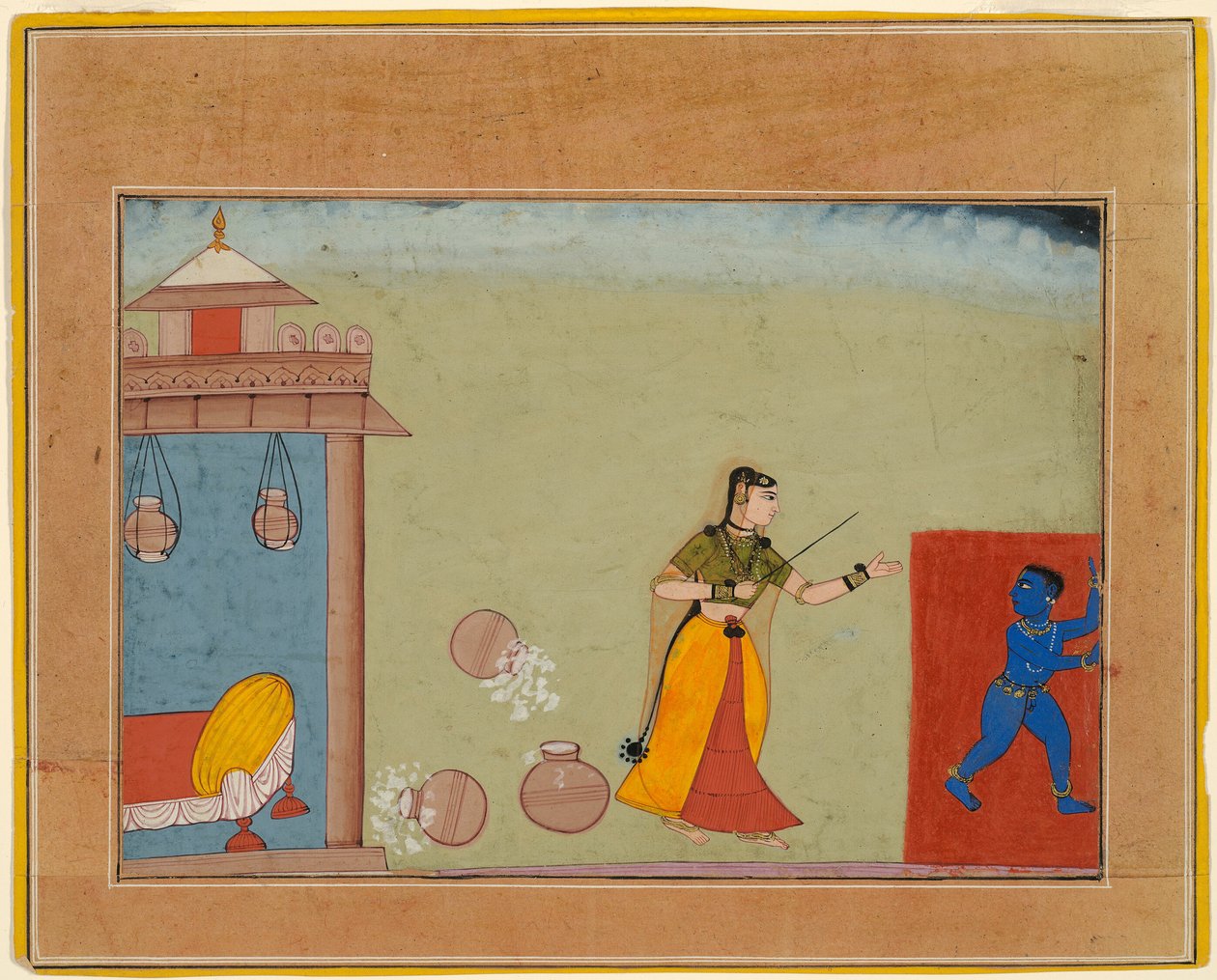 Yashoda castiga a su hijo adoptivo, el joven Krishna, página de un manuscrito del Bhagavata Purana de Unknown artist