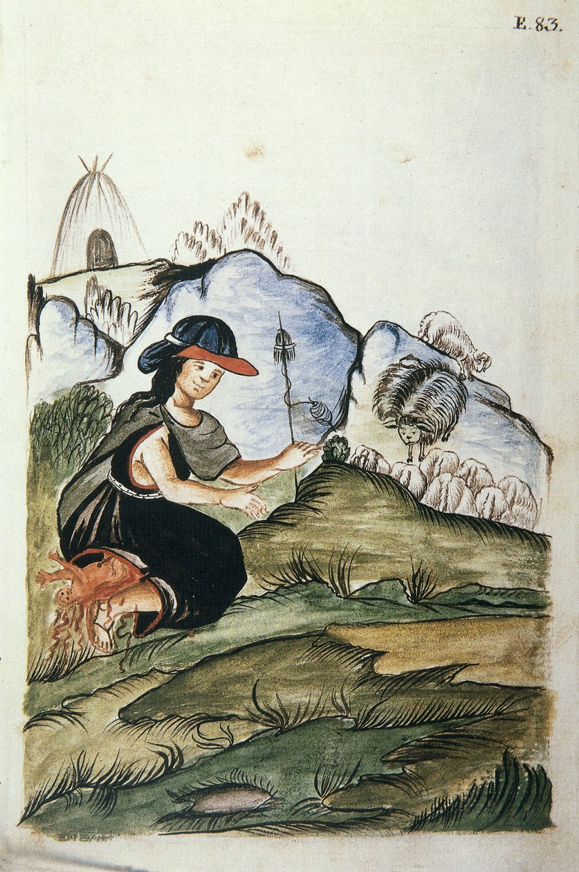 Joven pastora india dando a luz en la naturaleza, del libro "Trujillo del Perú" o "Códice Martínez Compañón", por Baltazar Martínez Compañón y Bujanda, obispo de Trujillo (1782-1785) de Unknown artist