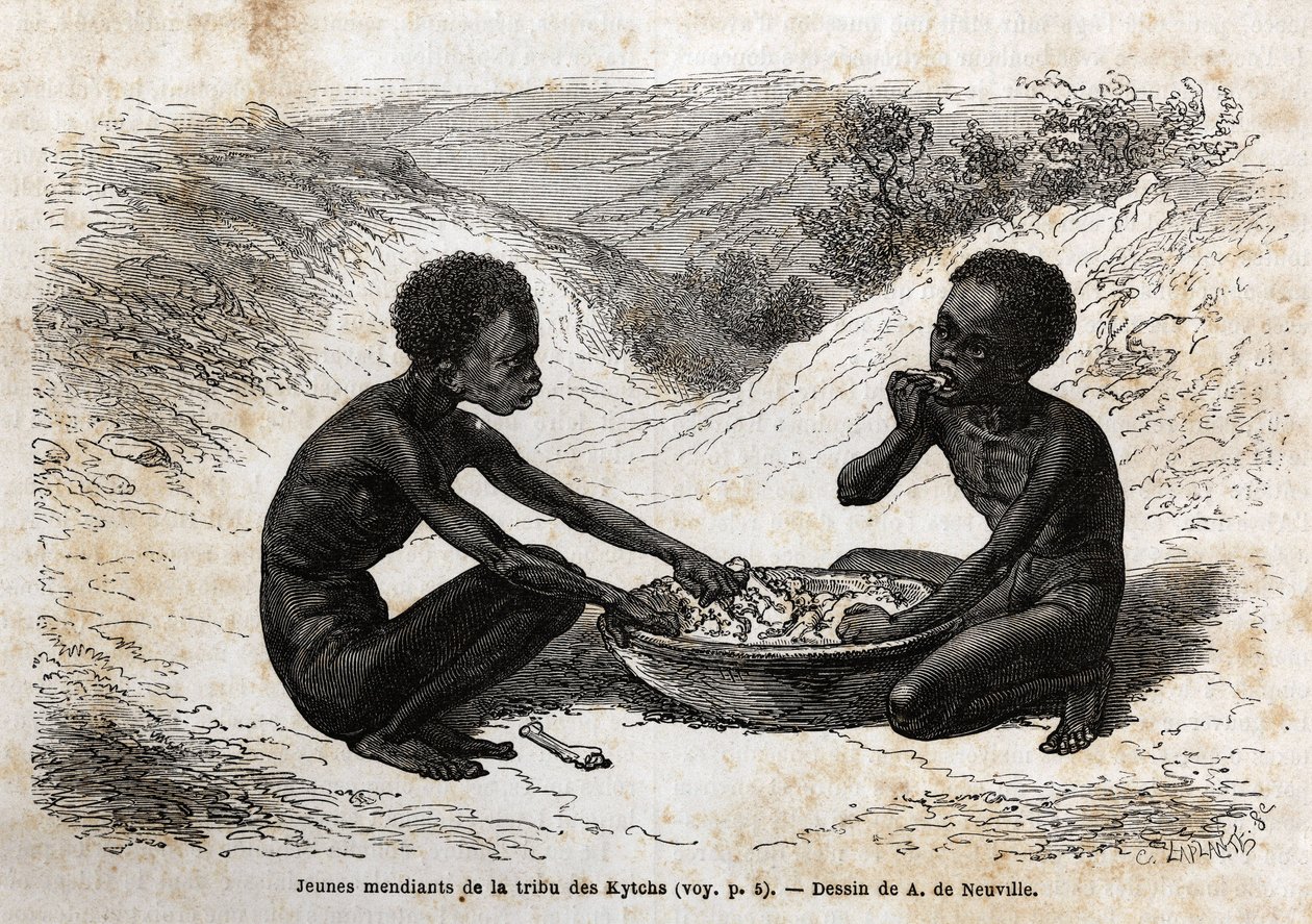 Jóvenes mendigos de la tribu Kychi (ubicada en la región del Alto Nilo) tomando una comida a cambio de unos pocos paquetes. Grabado para ilustrar el viaje al Lago Alberto de Unknown artist