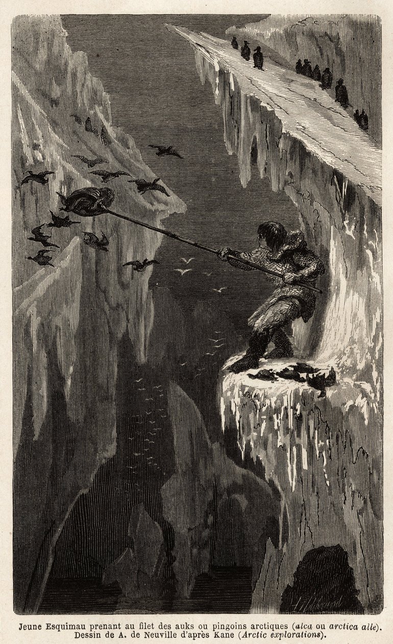 Joven esquimal atrapando pingüinos árticos. Grabado para ilustrar el viaje al mar libre del polo Ártico, por el Doctor Hayes, cirujano de la Marina de los Estados Unidos, en 1860-1862, publicado en “Le tour du monde, nouveau journal des voyages” de Unknown artist
