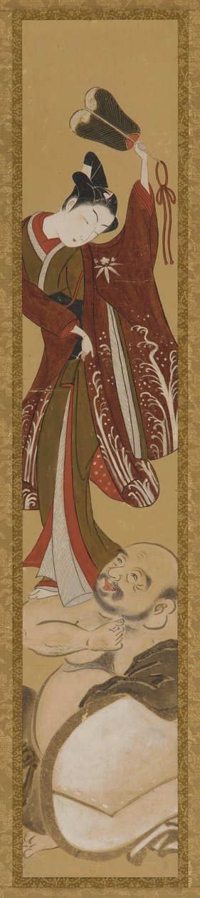 Joven de pie sobre el hombro de Hotei de Unknown artist