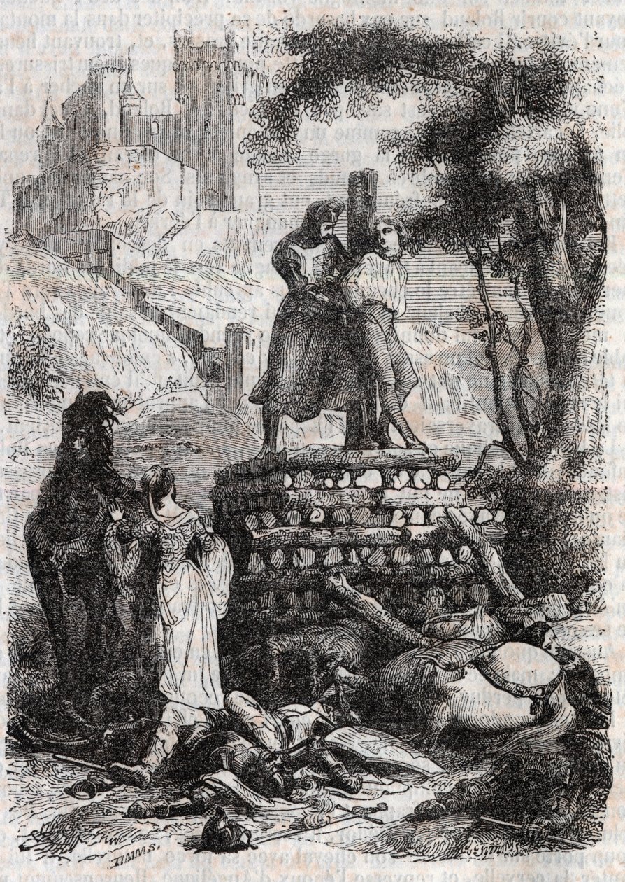 Zerbin en la Hoguera, Liberado por Roland - grabado de 1851 de “Roland Furioso” de Unknown artist