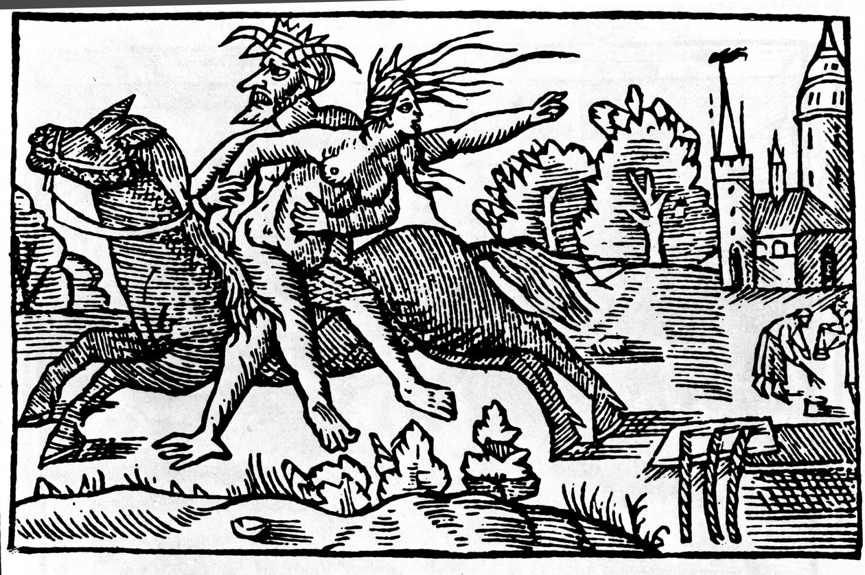 El diablo se lleva a una bruja de un caballo y la lleva al infierno. Xilografía del siglo XVI de Unknown artist