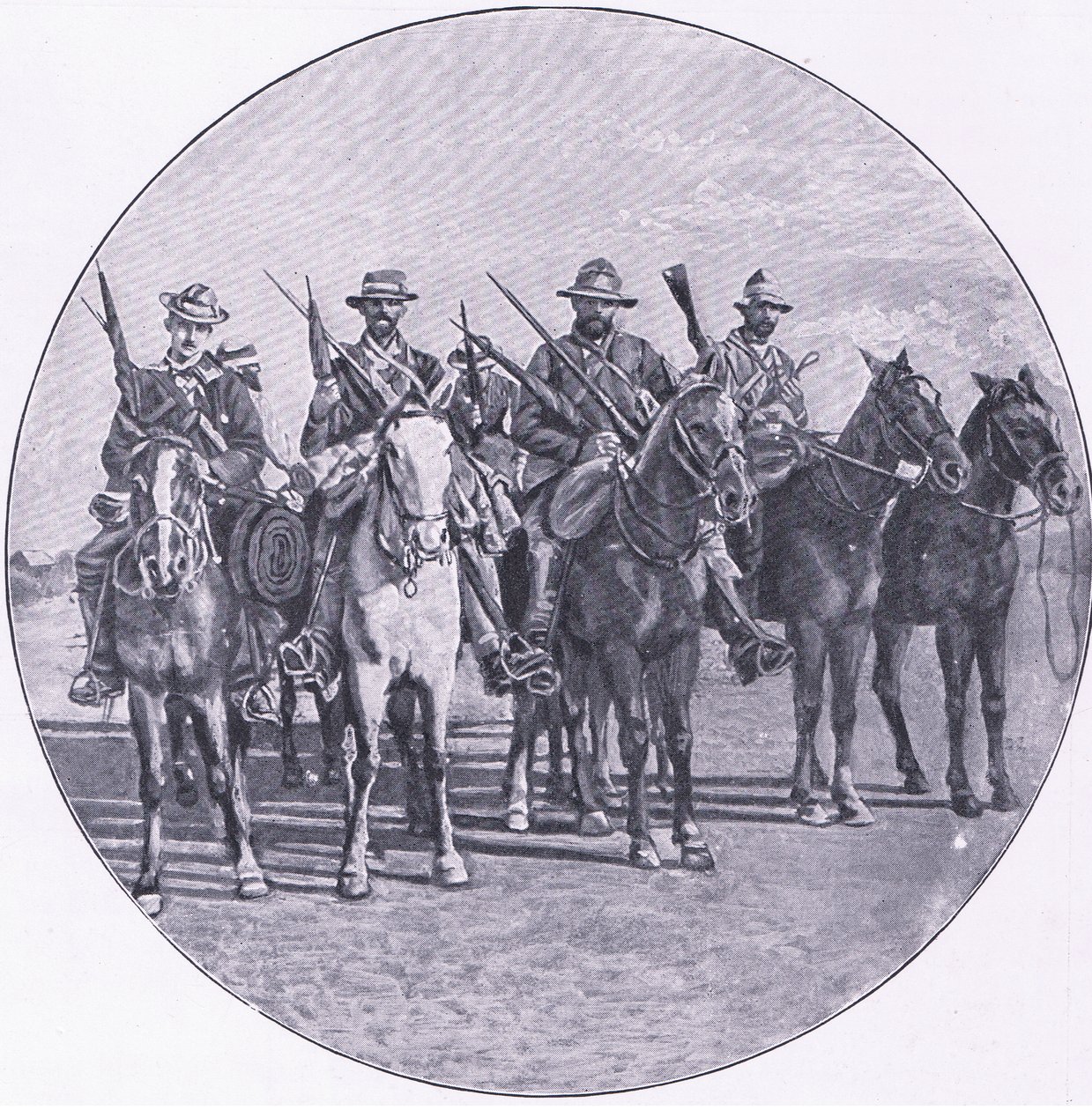 Bóers armados con rifles y paraguas, de Después de Pretoria: La Guerra de Guerrillas publicada por Harmsworth Bros Limited de Unknown photographer