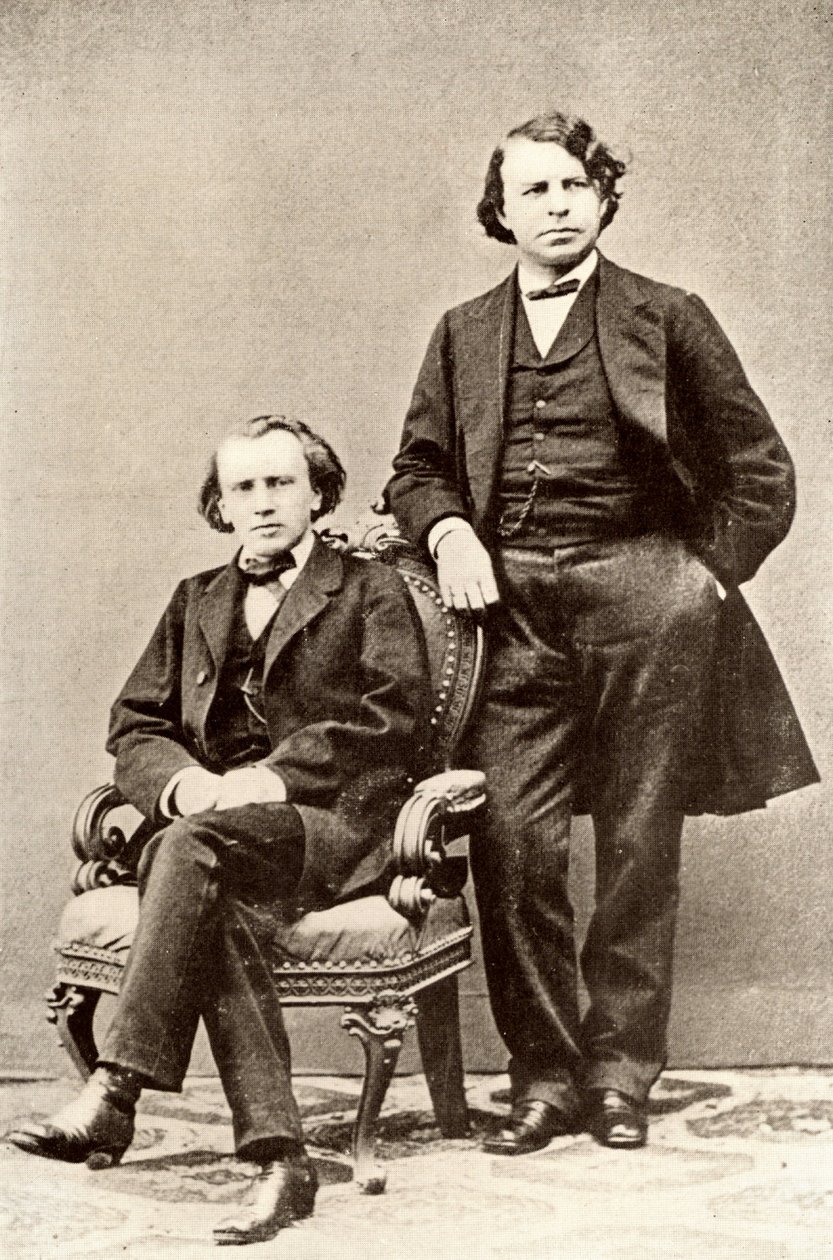 Johannes Brahms (1833-1897) compositor alemán, sentado, con Joseph Joachim (1831-1907) violinista y compositor húngaro, y director del Conservatorio de Berlín. Medios tonos de una fotografía (impresión) de Unknown photographer