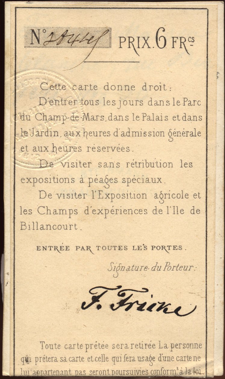 Billete personal para la Exposición Universal de 1868 (fotografía) de Unknown photographer