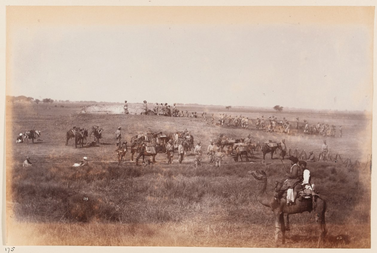 Zapadores y Mineros haciendo trincheras de refugio durante el Campamento de Ejercicios de Delhi, circa 1885 de Unknown