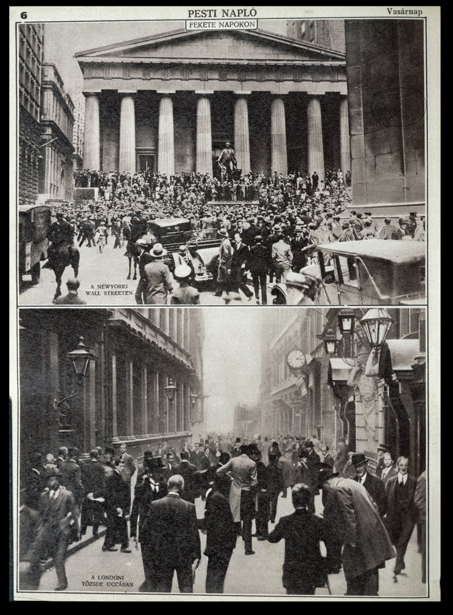 Arriba: Días negros en Wall Street; Abajo: la Bolsa de Londres en el momento del crack de 1929, de "Pesti Naplo". de Unknown photographer