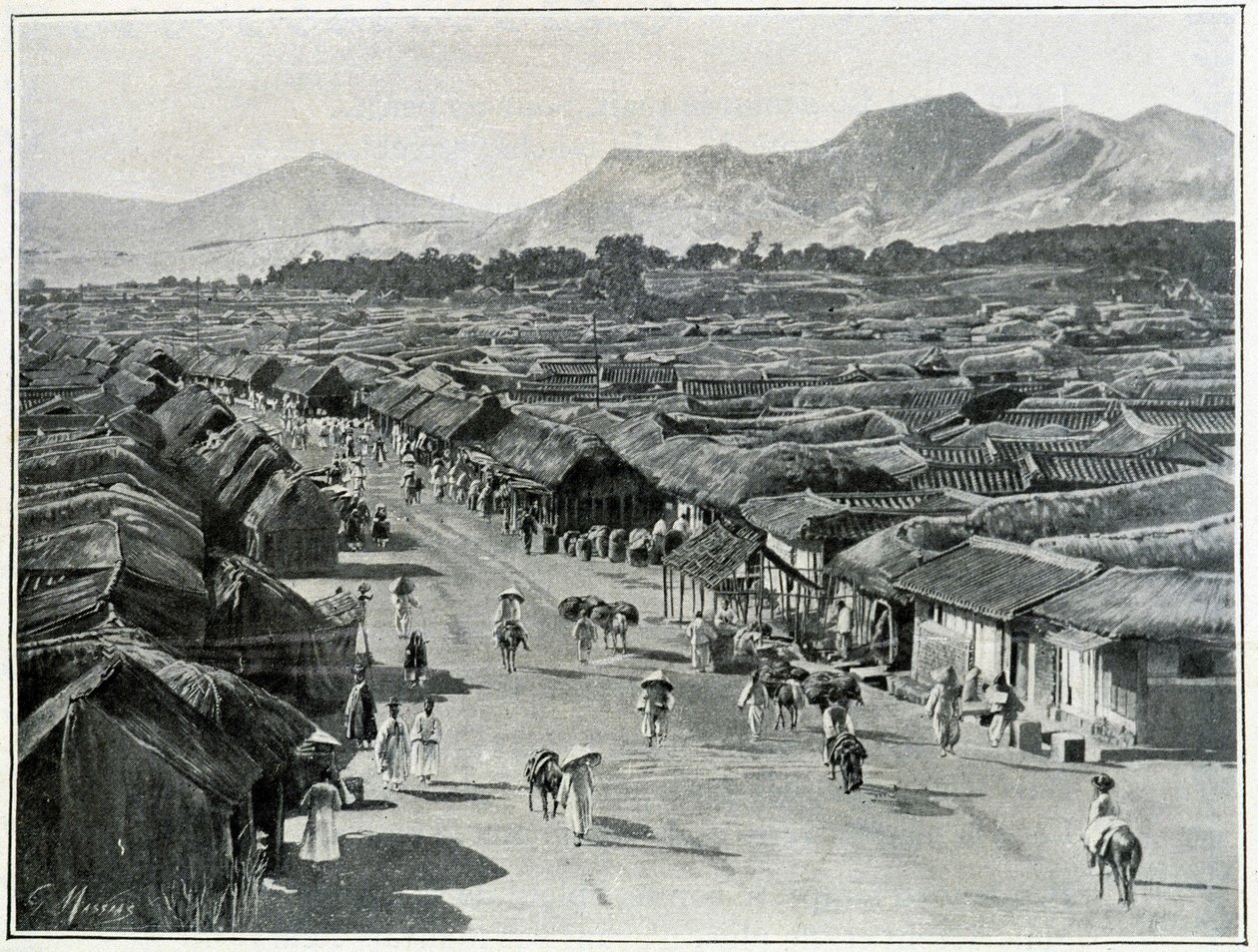 Vista de la calle principal de Seúl, capital de Corea en el siglo XIX de Unknown photographer