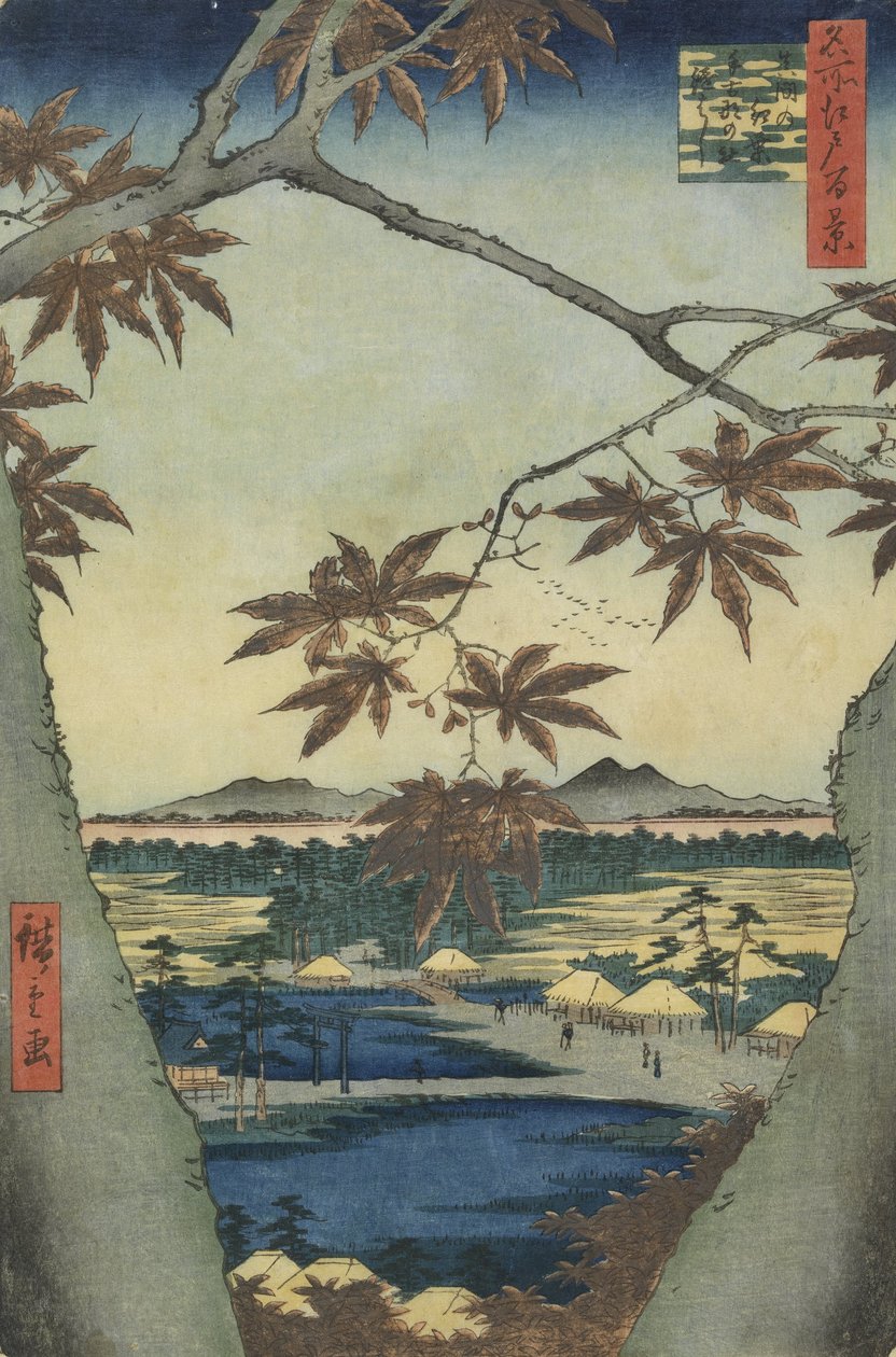 Las hojas de arce de Mama, santuario Tekona y puente Tsugi de Utagawa Hiroshige