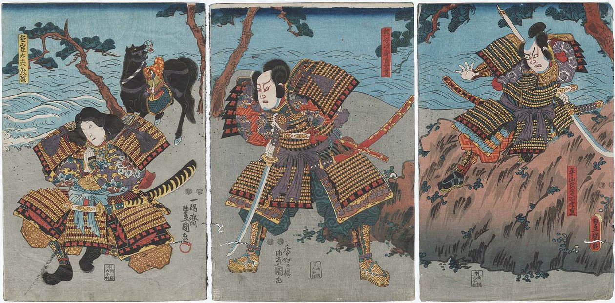 Actores Nakayama Bungoro II como Hirayama Mushadokoro Sueshige, Ichimura Takenojo V como Kumagai Jiro Naozane, y Bando Shuka I como Mukan tayu Atsumori de Utagawa Kunisada