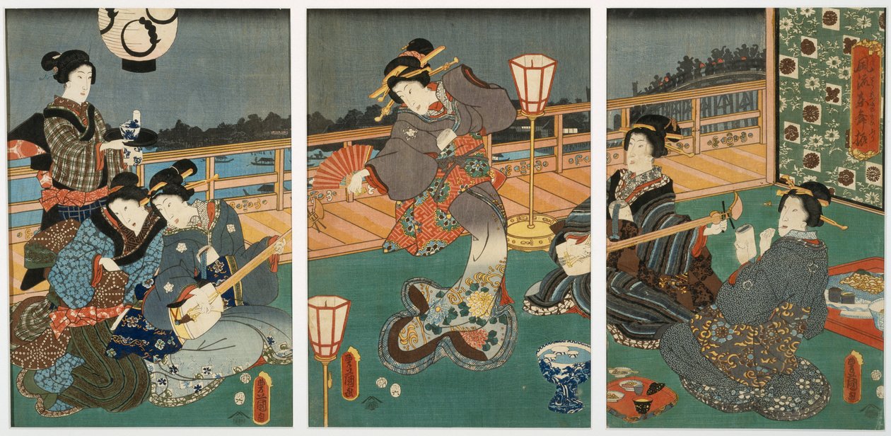 Cortesanas Entreteniendo, tríptico, mediados del siglo XIX de Utagawa Kunisada