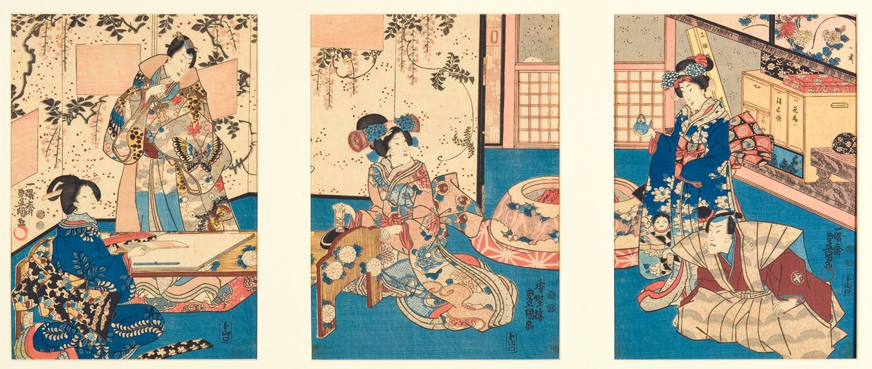 Moliendo tinta para escribir una carta de respuesta, inspirado en el Inaka Genji, 1851 de Utagawa Kunisada