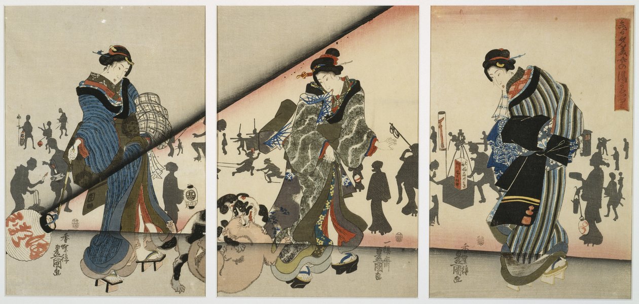 Escena nocturna con chicas, animales y linternas, mediados del siglo XIX de Utagawa Kunisada