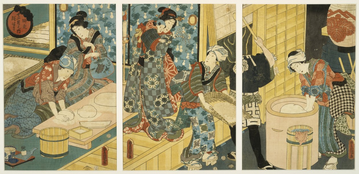 Preparativos para el día de Año Nuevo (Golpeando Mochi), mediados del siglo XIX de Utagawa Kunisada