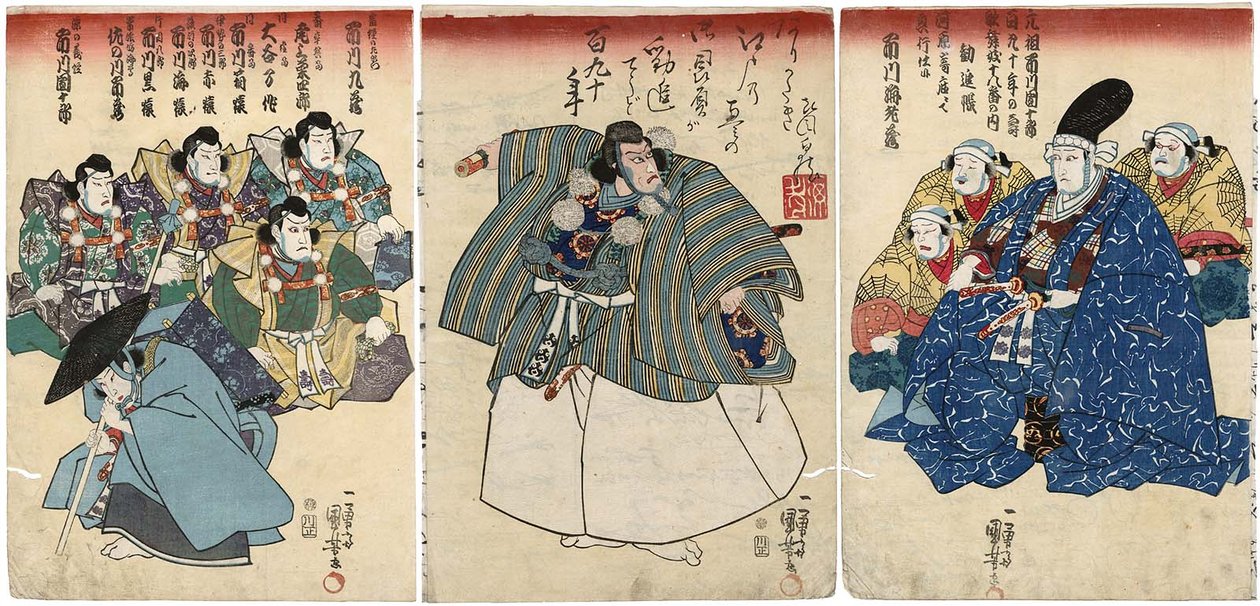 Actores en Kanjincho: Ichikawa Kuzo II como Togashi no Saemon R, Ichikawa Ebizo V como Musashibo Benkei C, Ichikawa Danjuro VIII como Minamoto no Yoshitsune L de Utagawa Kuniyoshi