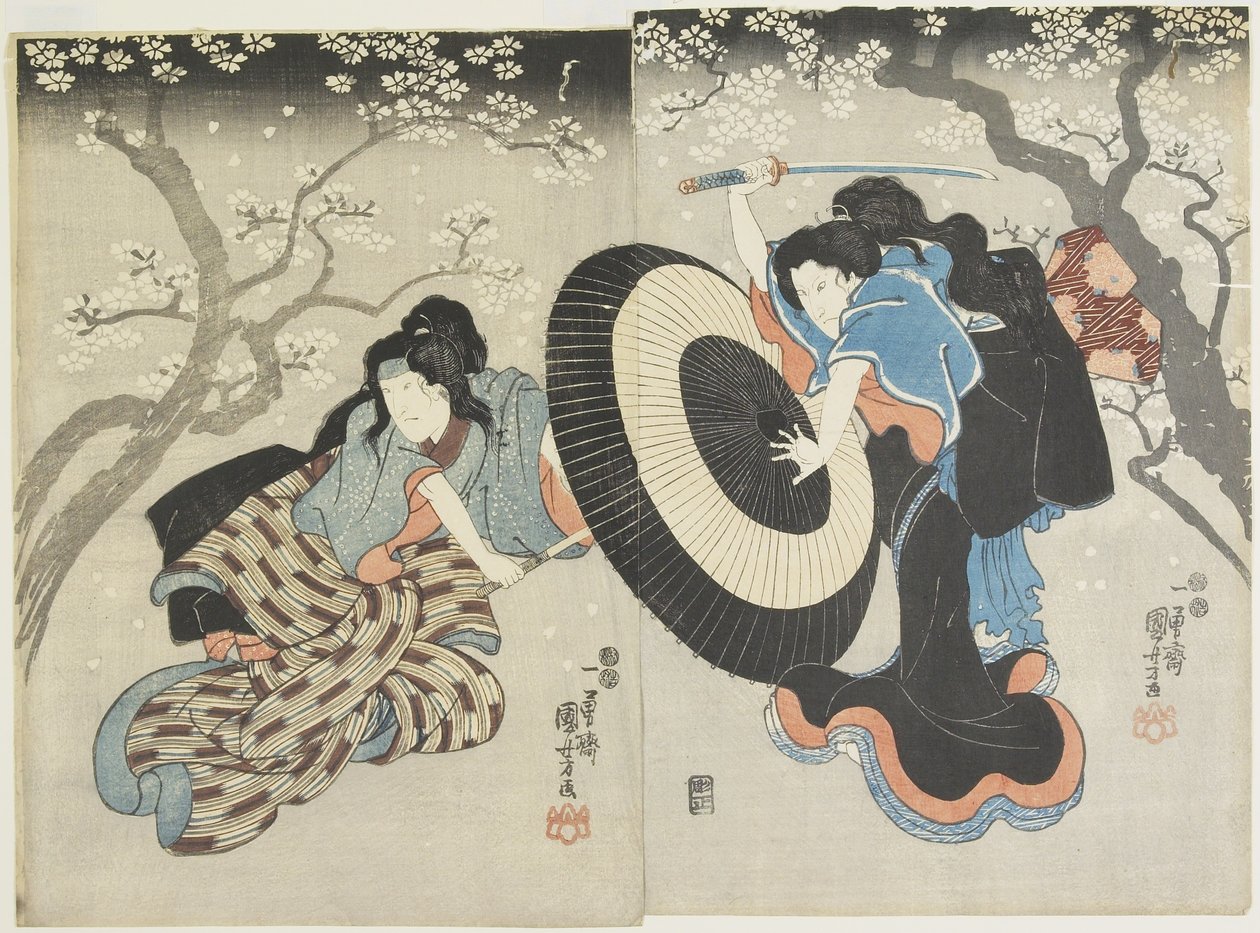 Dos Mujeres Peleando bajo un Cerezo, una Escena de una Obra de Kabuki, 1847-1852 de Utagawa Kuniyoshi