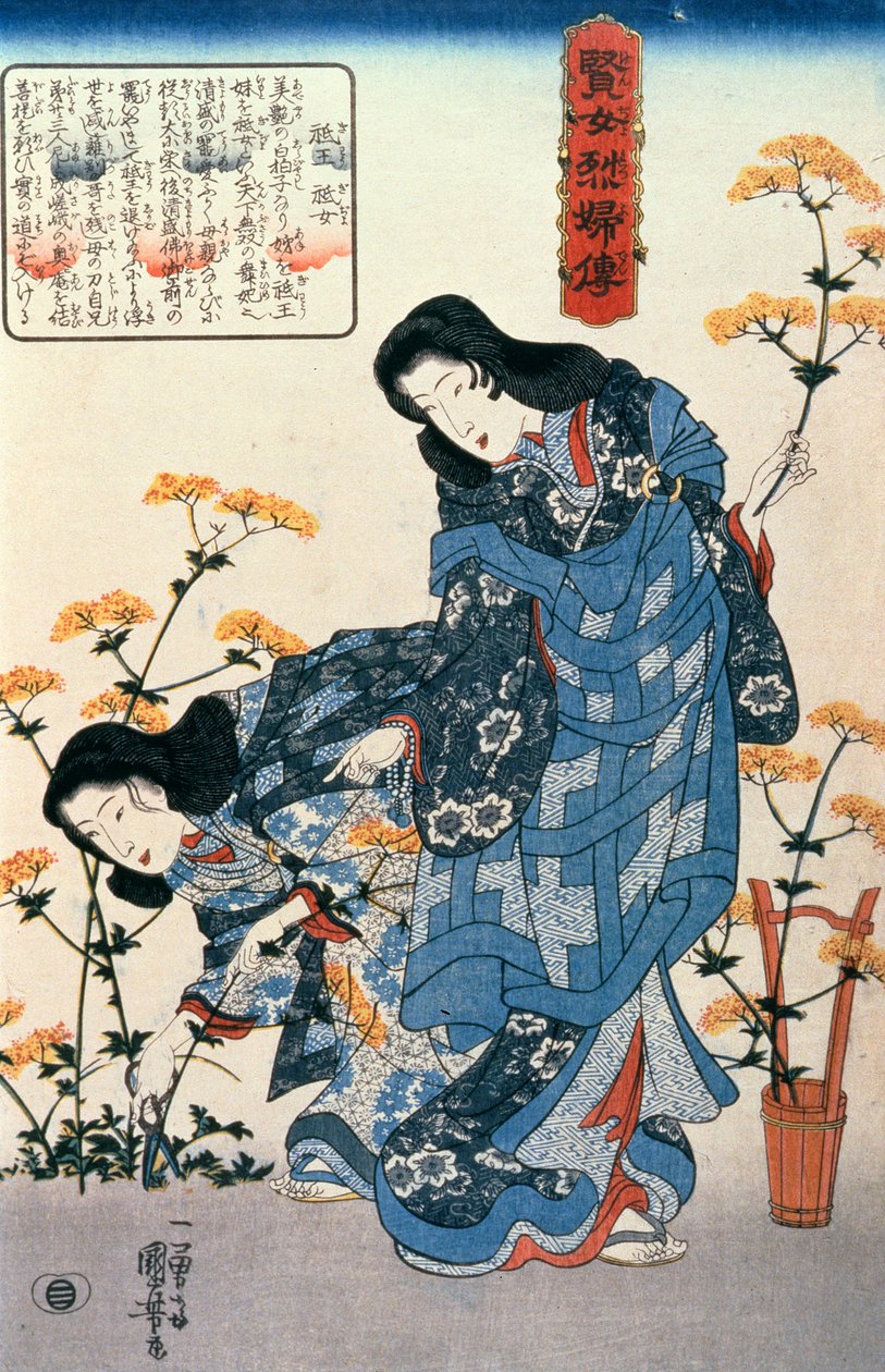 Gio y Giji recogiendo flores, de la serie Historias de mujeres sabias y esposas fieles (Kenjo reppuden) publicada por Iba-ya Sensaburo de Utagawa Kuniyoshi