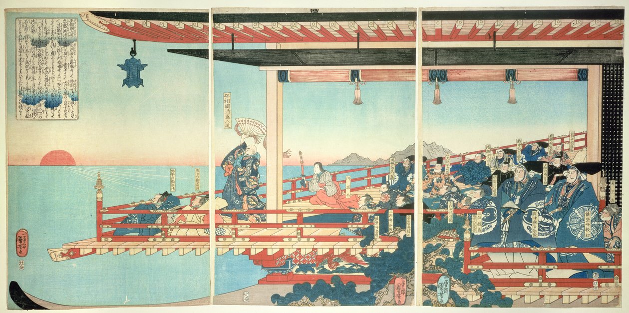 Kiyomori deteniendo el atardecer con encantamientos de Utagawa Kuniyoshi