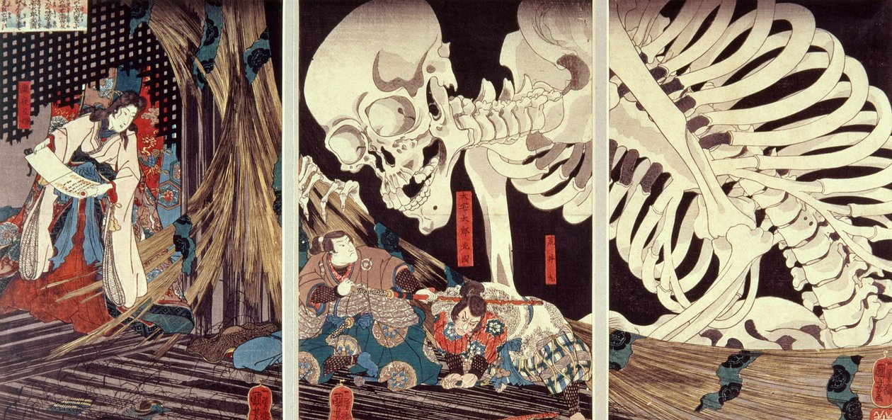 Mitsukini desafiando al espectro esqueleto, c.1845 de Utagawa Kuniyoshi