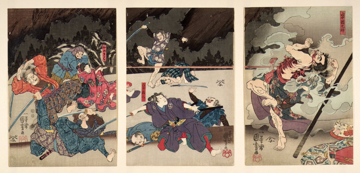La muerte de Yamanaka Dankuro, tríptico de Utagawa Kuniyoshi