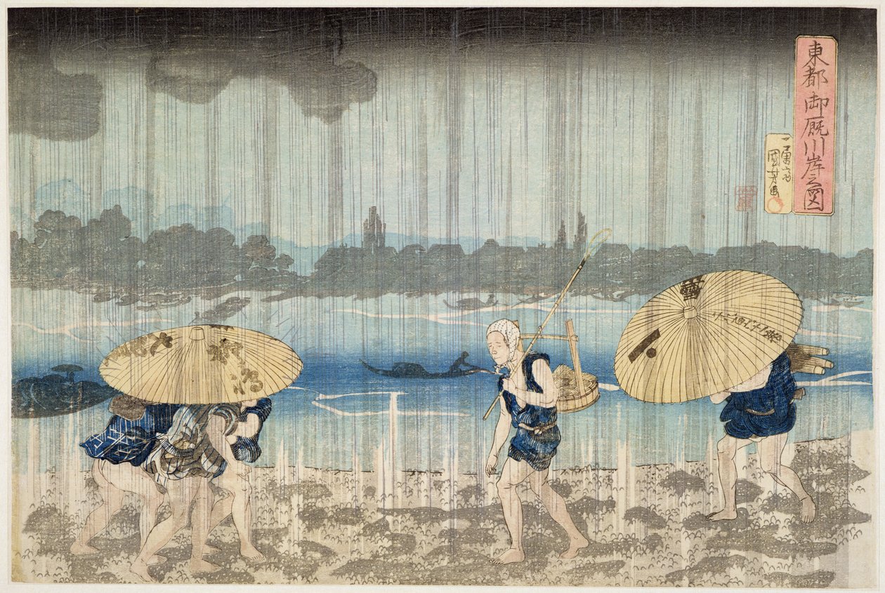 Lluvia en las orillas del río Sumida en el malecón de Ommaya en Edo, c.1834 (xilografía) de Utagawa Kuniyoshi