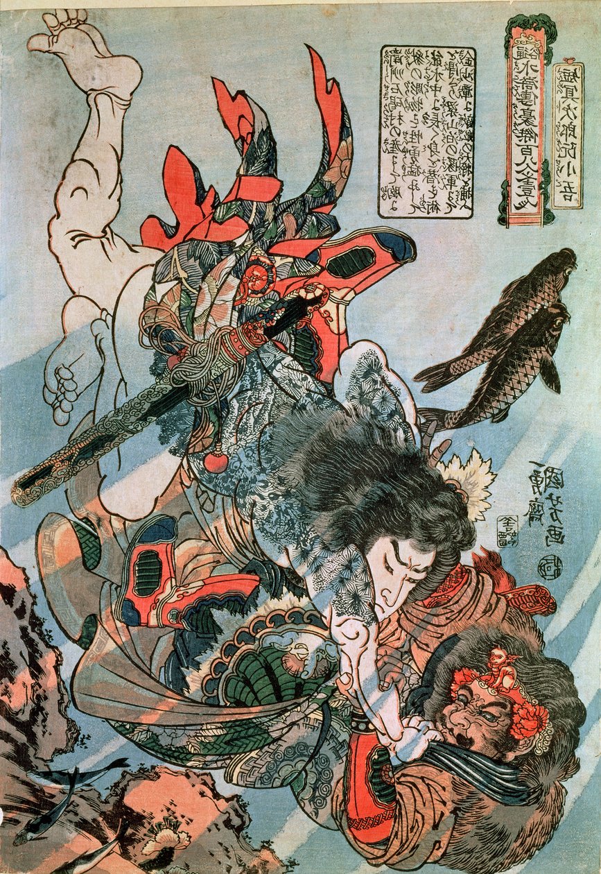 Tameijiro dan Shogo luchando con un adversario bajo el agua, de la serie 