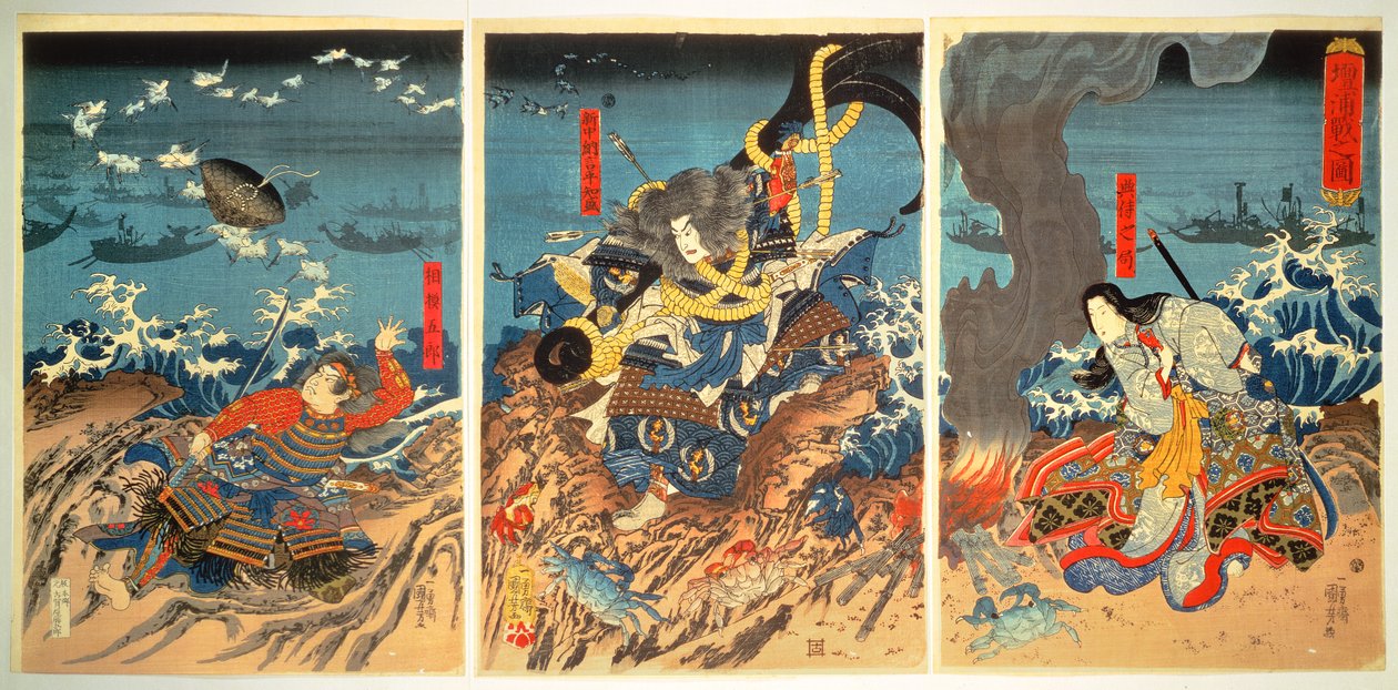 La muerte de Tomomori en la batalla de Dan-no-Ura, 1185 de Utagawa Kuniyoshi
