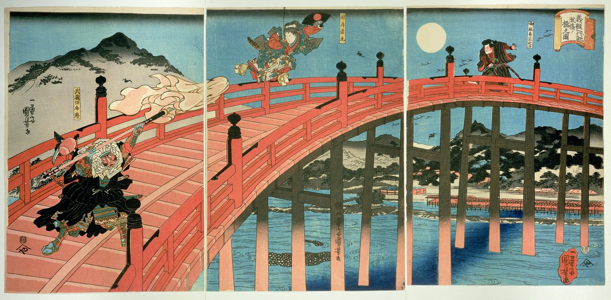 Ushiwaka und Benkei kämpfen auf der Gojo-Brücke, veröffentlicht ca. 1839 von Utagawa Kuniyoshi