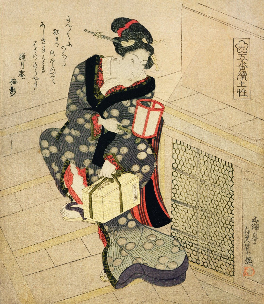 Mujer subiendo las escaleras con una lámpara y una caja de Utagawa Sadakage